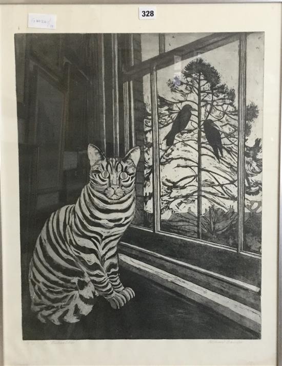 Richard Bowden litho of a cat The Bird Watcher